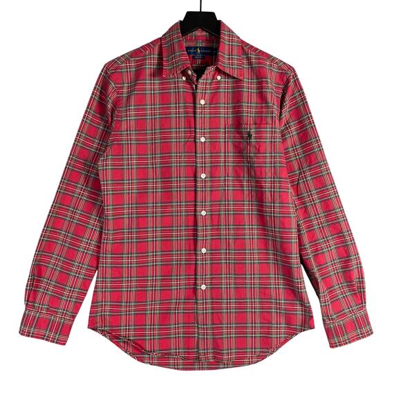 Ralph Lauren Slim Fit Men’s Medium Red Green Plaid Button Down Shirt Long Sleeve - Picture 1 of 9